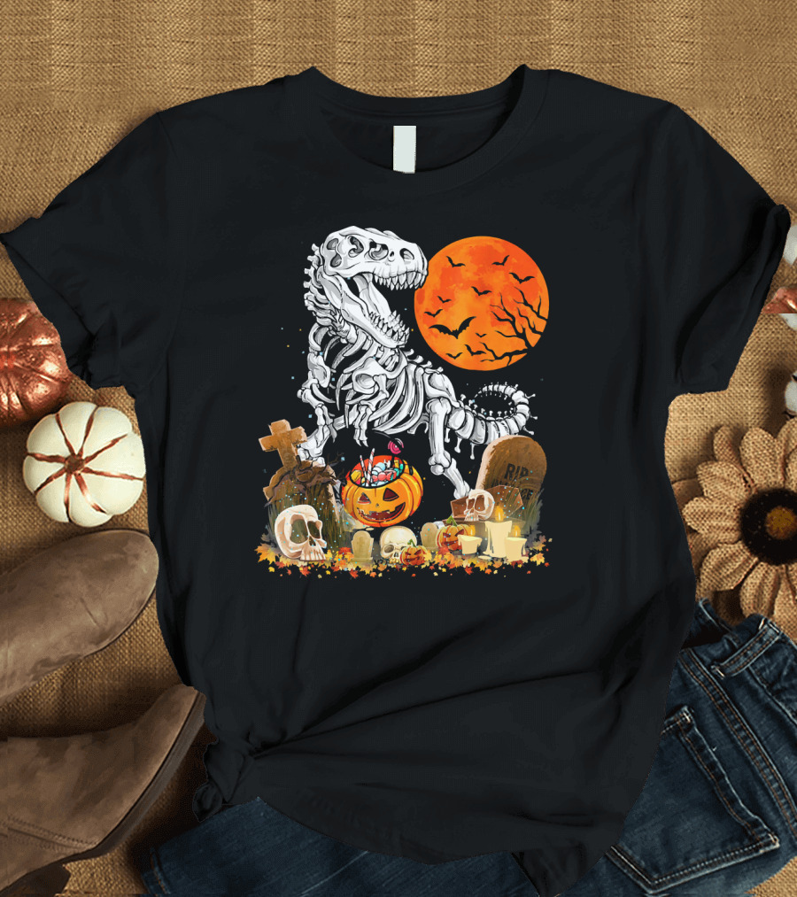 Halloween Dinosaur Rex Skeleton with Pumpkin and Full Moon T-Shirt