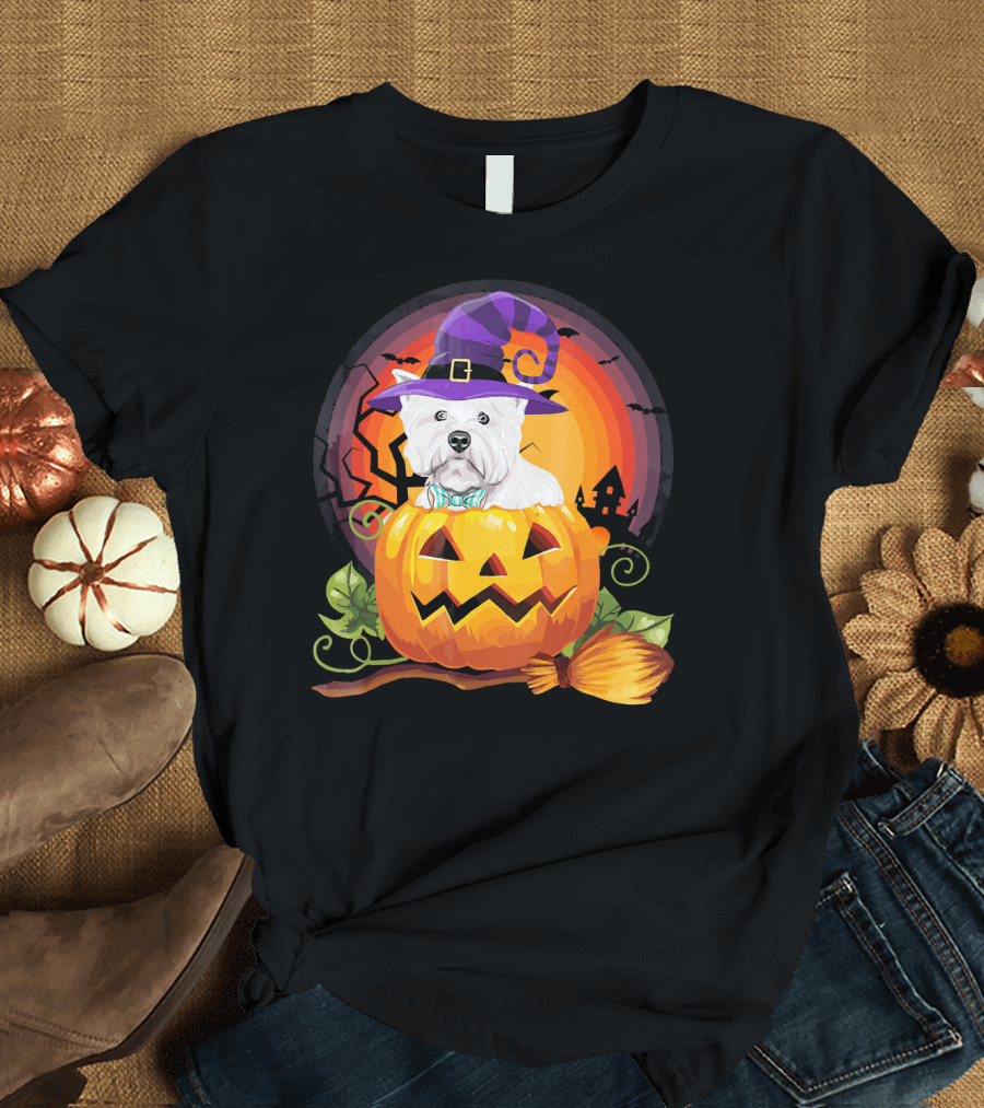 Westie Dog in Witch Hat with Jack-O'-Lantern for Halloween T-Shirt