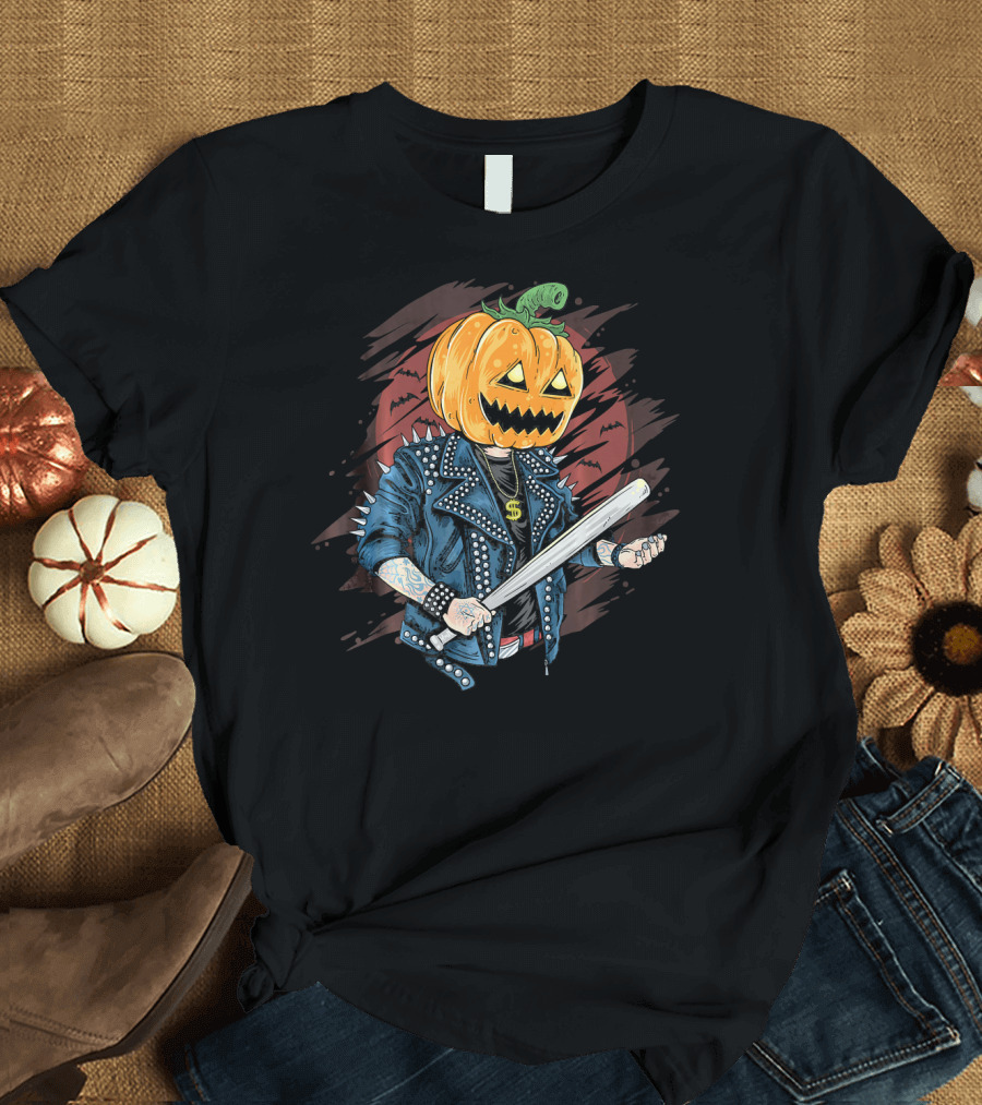 Punk Rocker Metalhead Pumpkin with Spiked Jacket and Baseball Bat T-Shirt