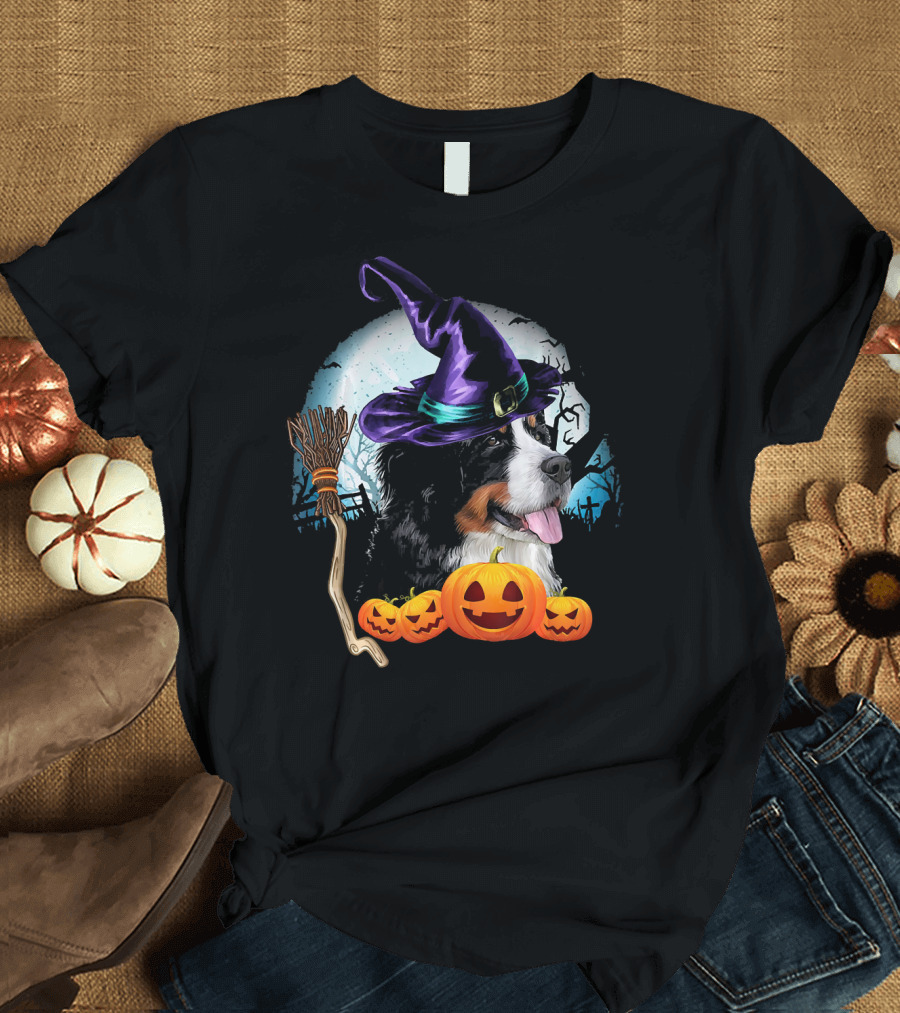 Bernese Mountain Dog in Witch Hat with Pumpkins and Broomstick Halloween Scene T-Shirt
