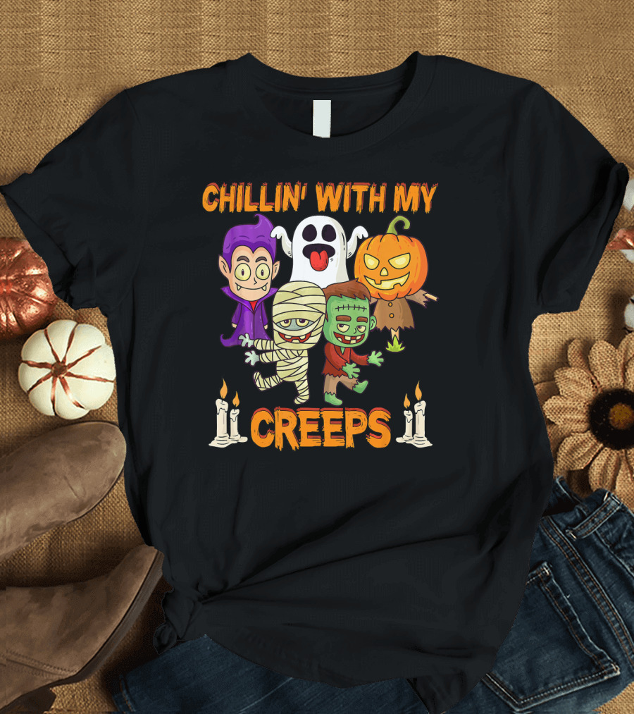 Chillin With My Creeps Ghost Mummy Frankenstein Vampire Pumpkin Candles T-Shirt
