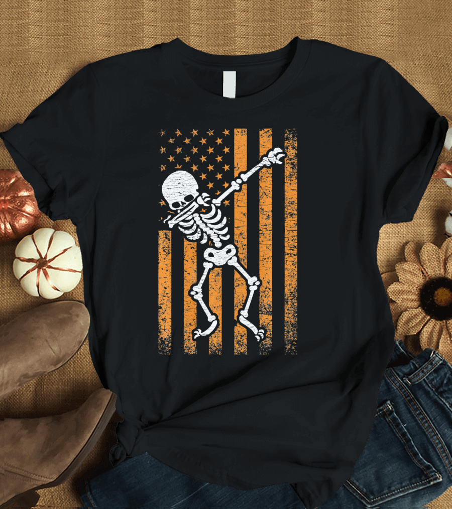 Halloween Dabbing Skeleton American Flag Retro Style Icons T-Shirt