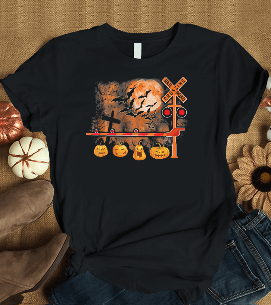 Halloween Railroad Crossing Sign with Pumpkins and Bats T-Shirt