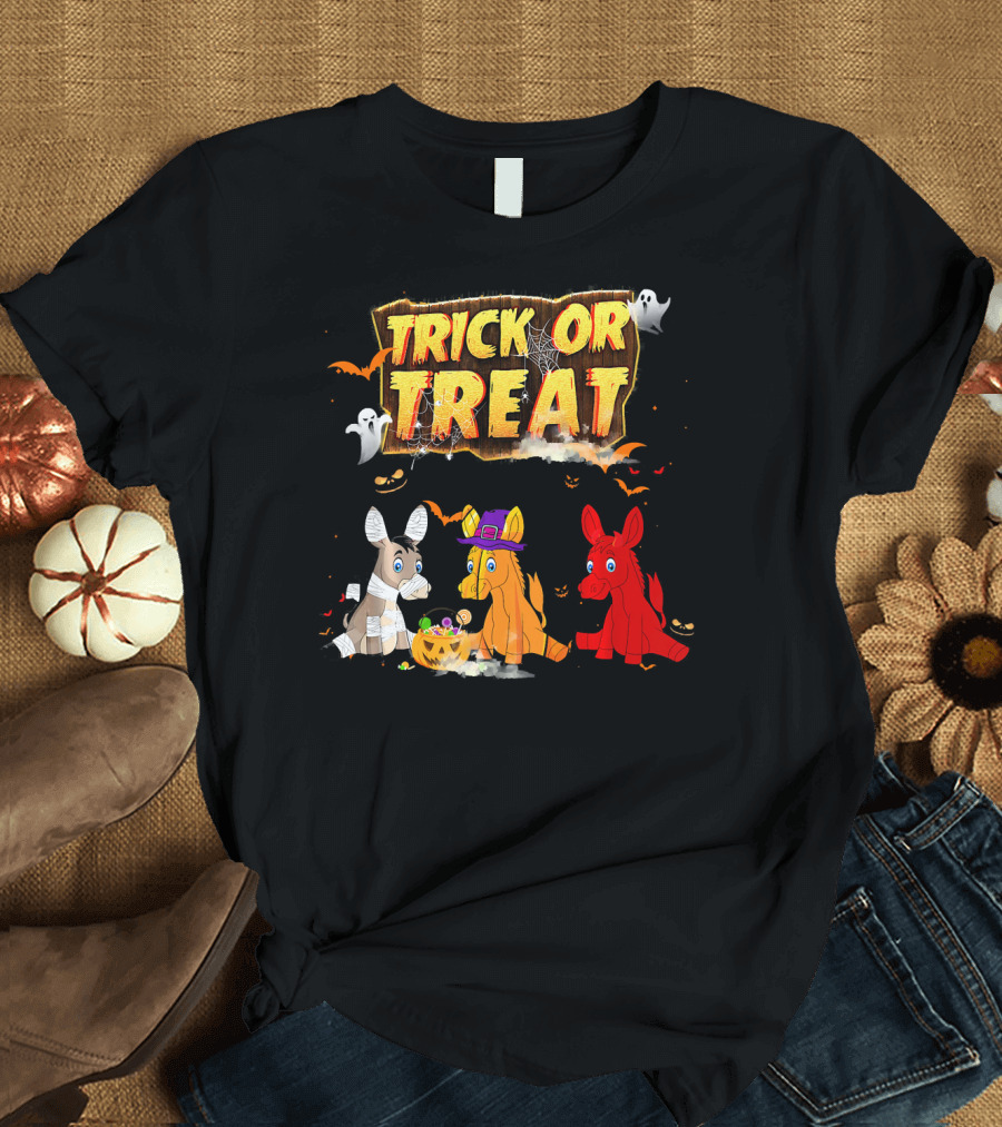 Trick or Treat Three Donkeys Halloween Candy Pumpkins Ghosts T-Shirt