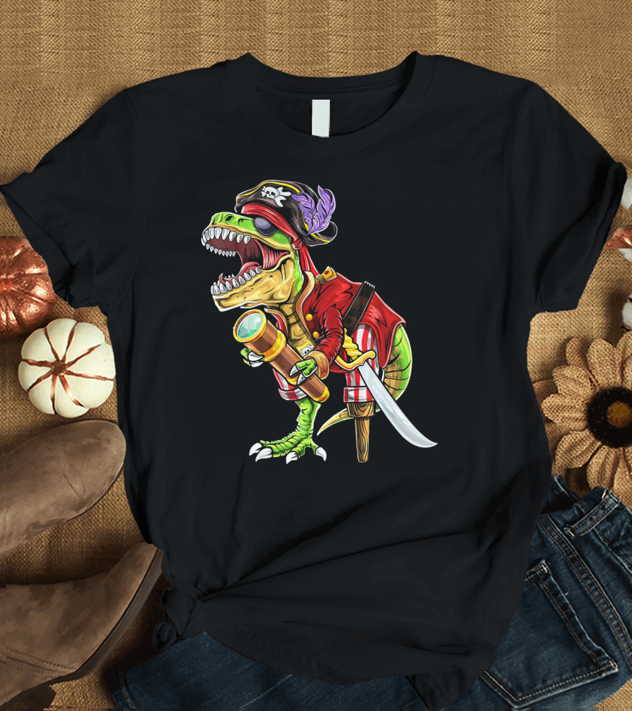 Pirate Dinosaur with Telescope and Peg Leg in Halloween Costume T-Shirt