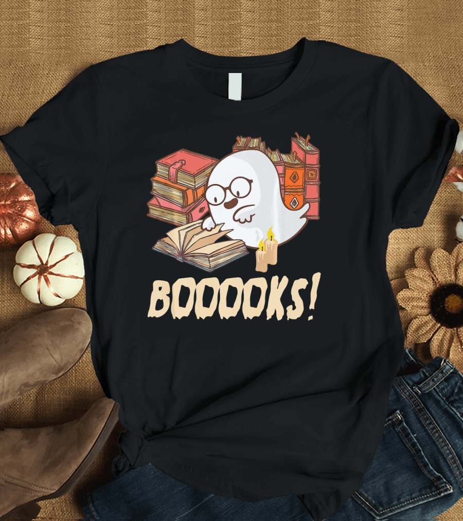BOOOOKS Cute Reading Boo Ghost with Stacks of Books and Candles T-Shirt