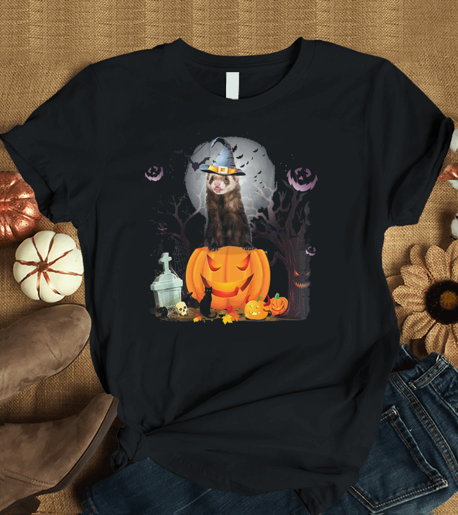 Funny Halloween Ferret with Pumpkin and Witch Hat T-Shirt