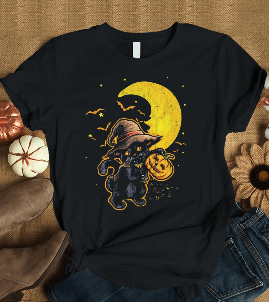 Halloween Black Cat Witch with Pumpkin Under Moon and Bats T-Shirt