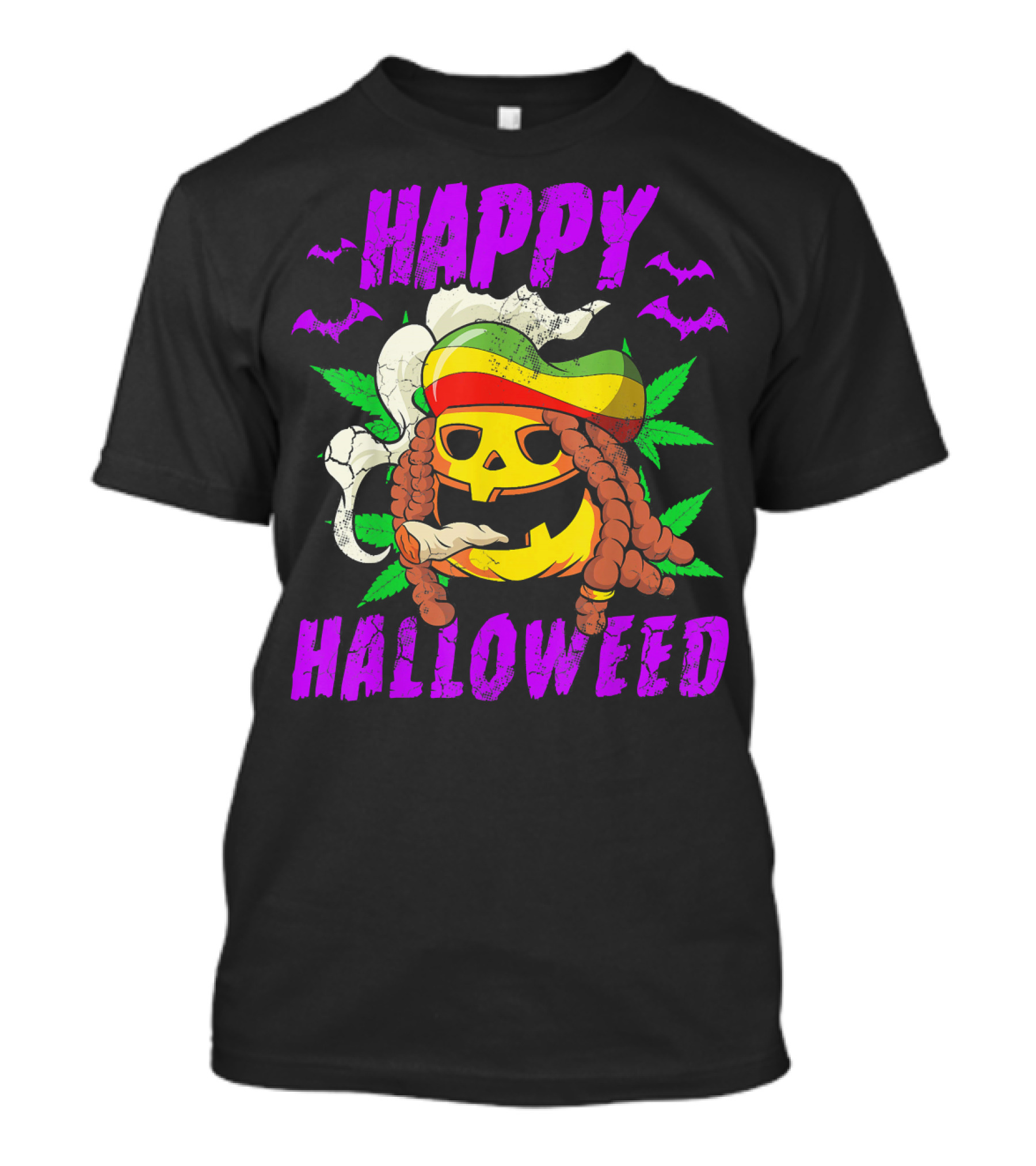 Happy Halloweed Rasta Pumpkin Smoking Weed With Bats And Jamaican Colors T-Shirt