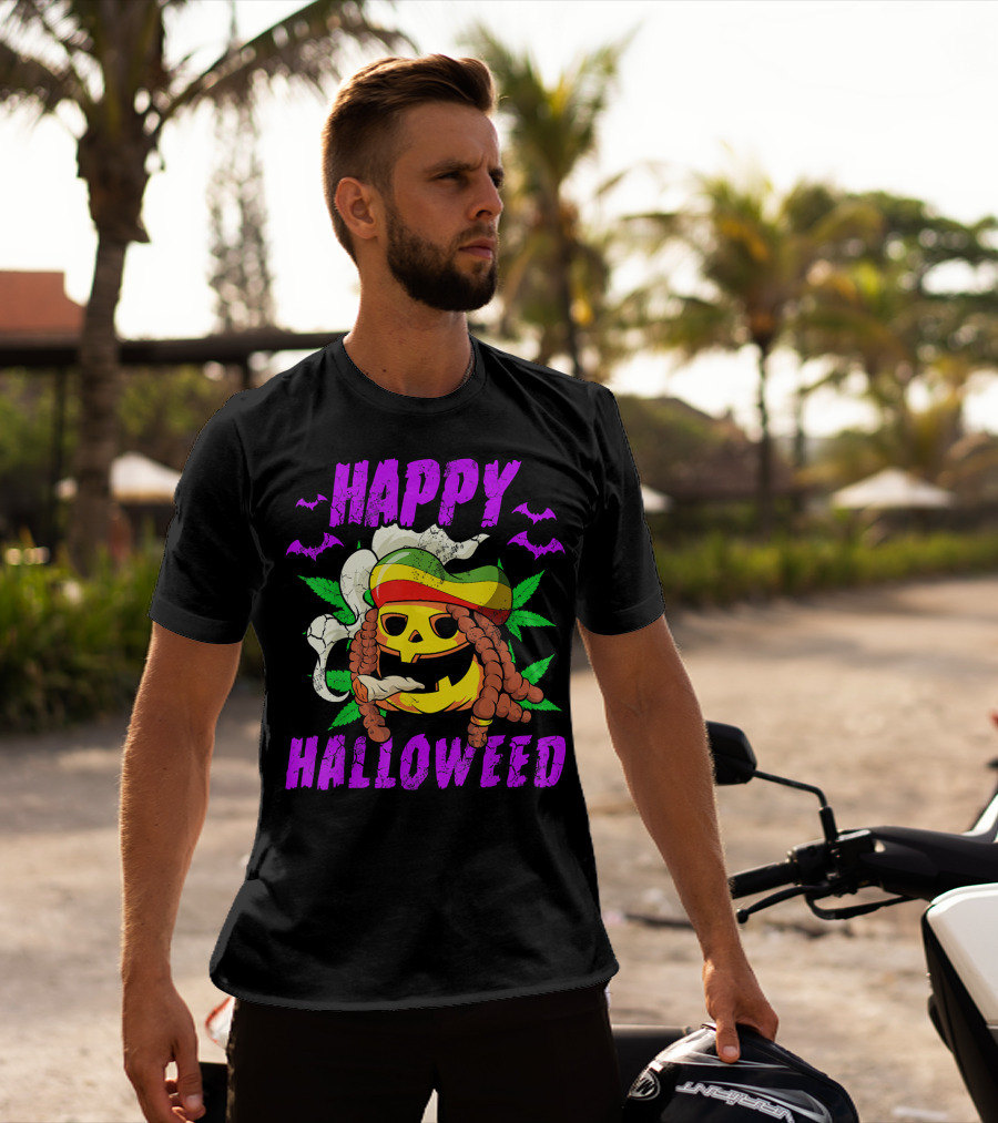 Happy Halloweed Rasta Pumpkin Smoking Weed With Bats And Jamaican Colors T-Shirt