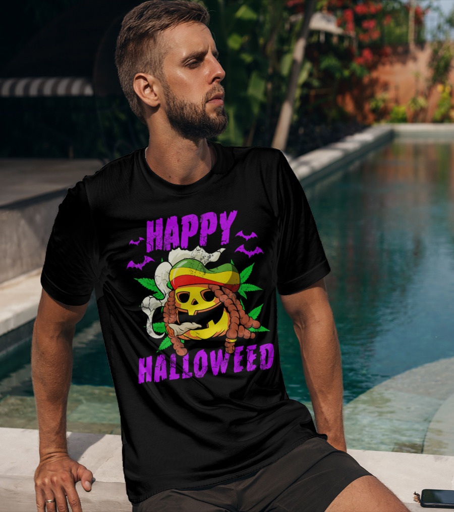 Happy Halloweed Rasta Pumpkin Smoking Weed With Bats And Jamaican Colors T-Shirt
