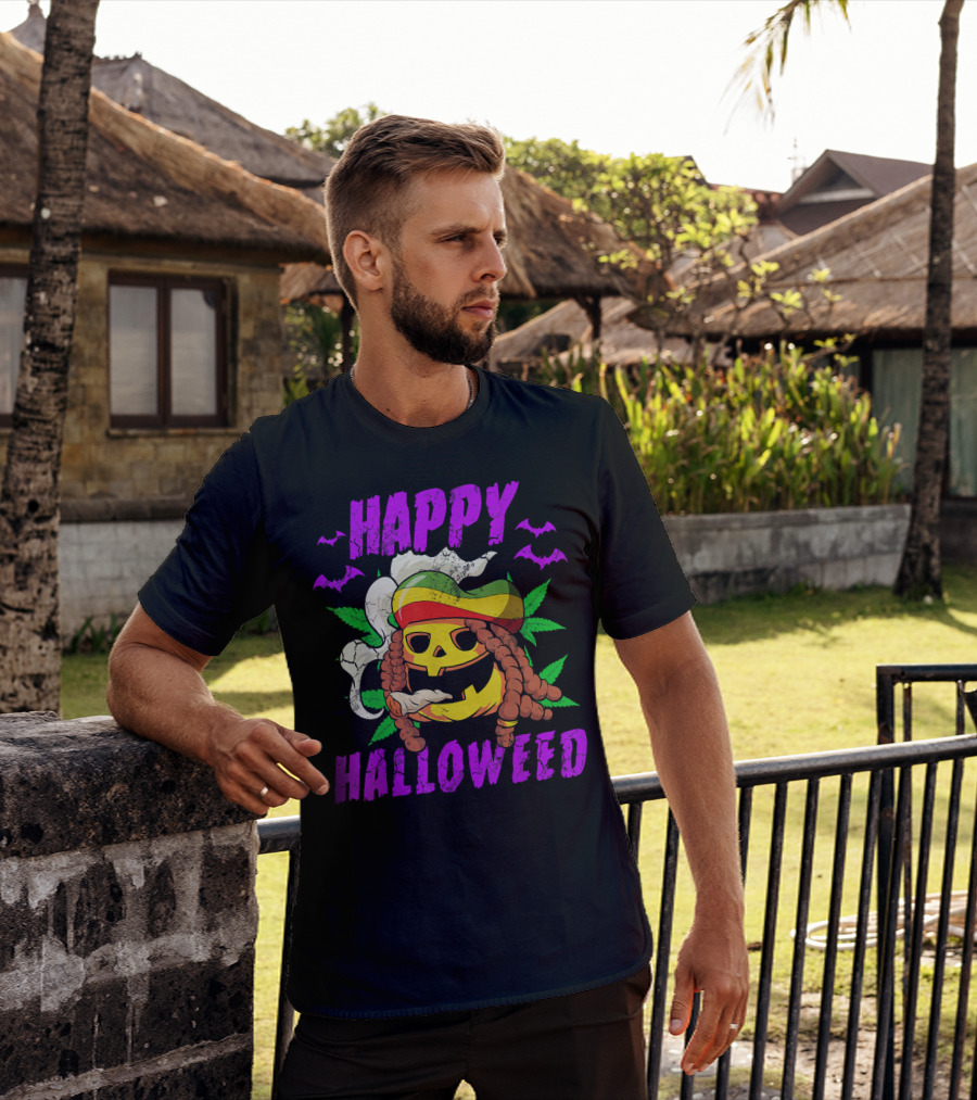 Happy Halloweed Rasta Pumpkin Smoking Weed With Bats And Jamaican Colors T-Shirt