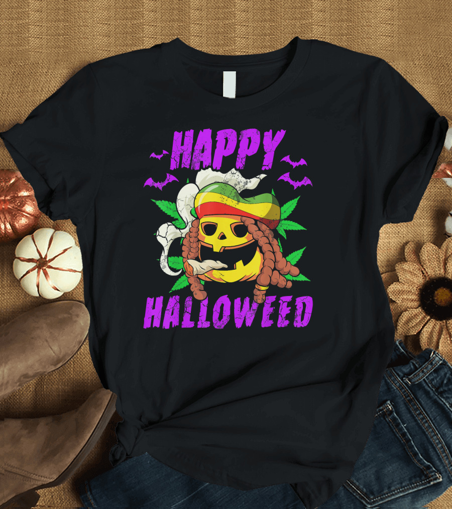 Happy Halloweed Rasta Pumpkin Smoking Weed With Bats And Jamaican Colors T-Shirt
