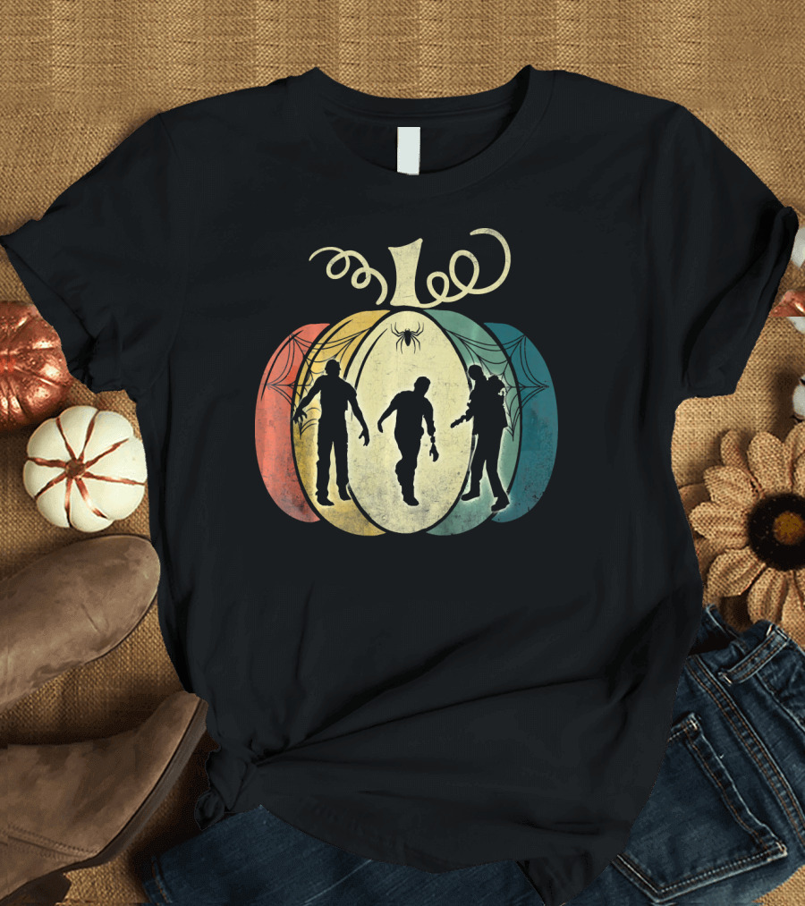 Pumpkin with Zombie Silhouettes and Spider Webs T-Shirt