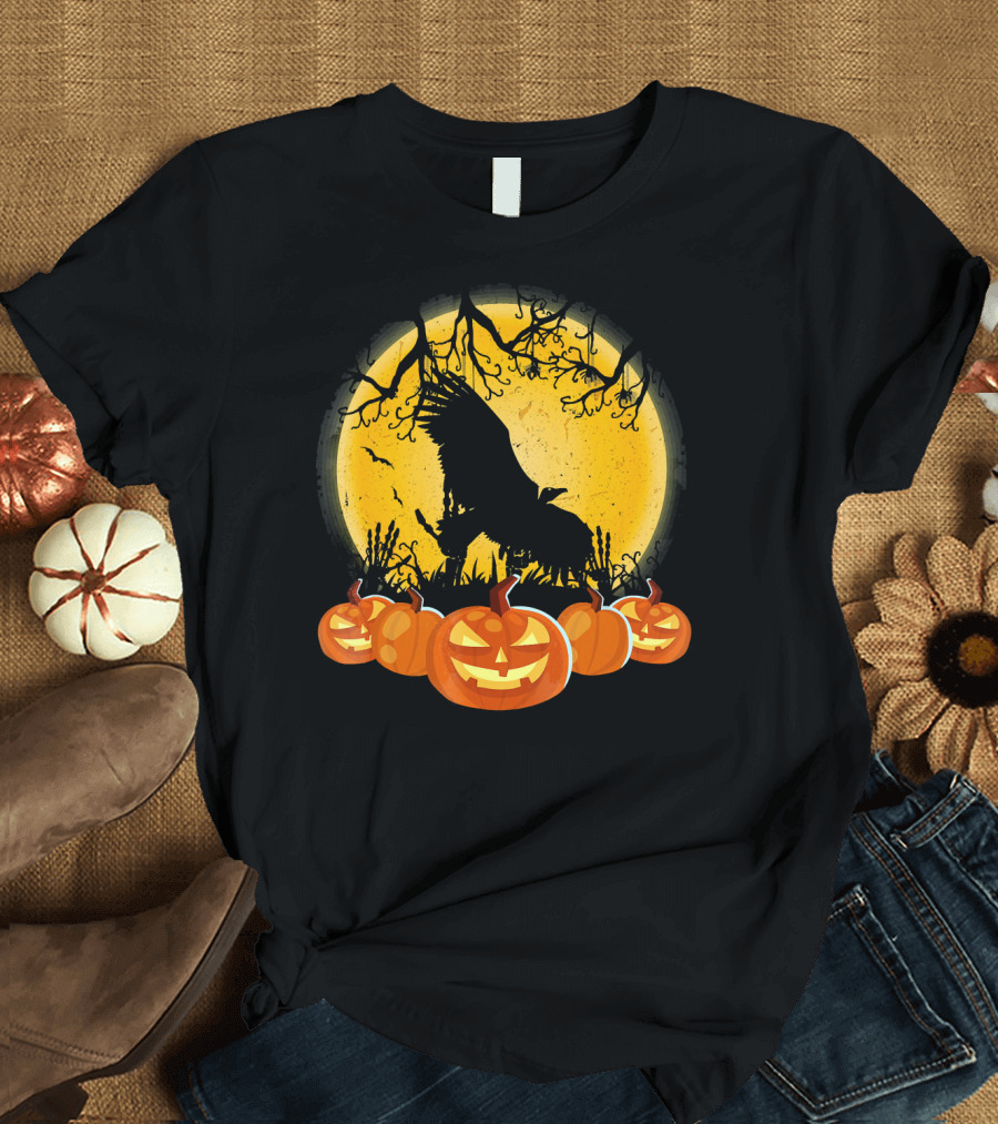 Vulture Silhouette with Pumpkins and Full Moon Halloween Scene T-Shirt