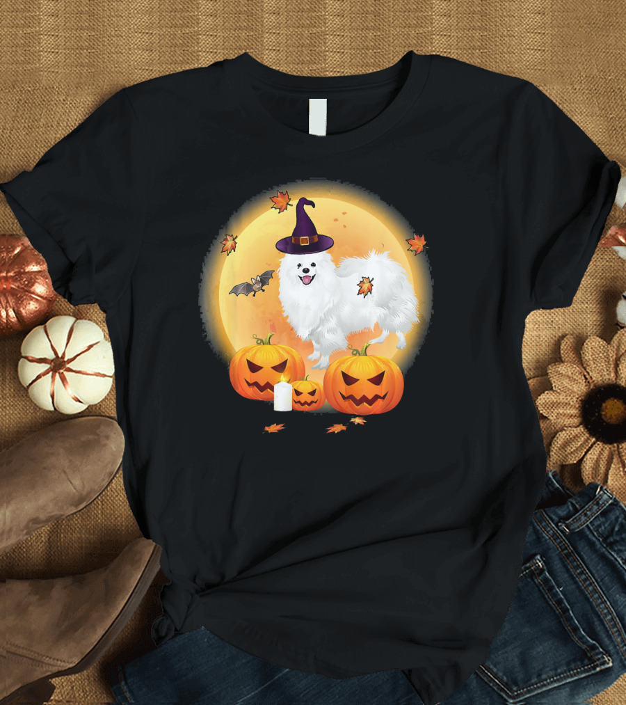 Halloween American Eskimo Dog with Pumpkins and Witch Hat T-Shirt
