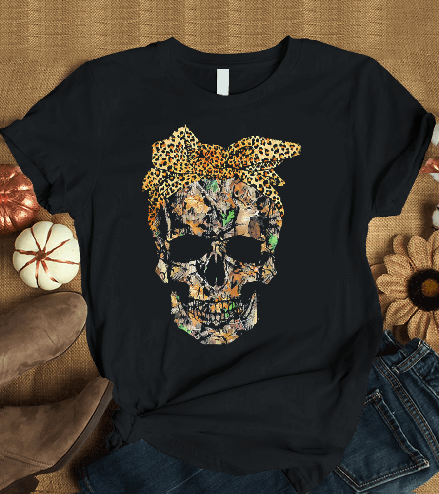 Camouflage Skull with Leopard Print Bow and Hunting Elements T-Shirt