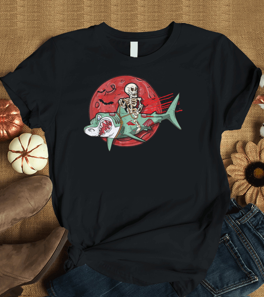 Skeleton Riding Shark Zombie with Red Moon and Bats T-Shirt