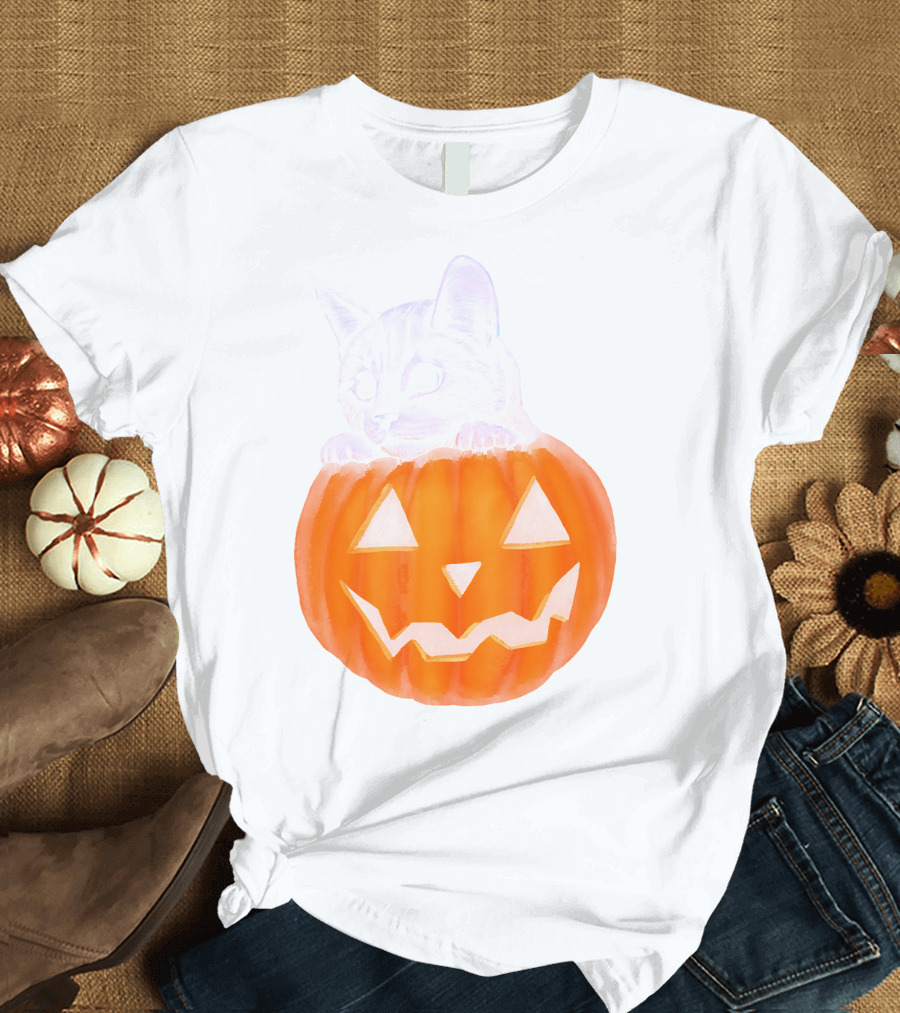 Kitten Peeking from Jack-O'-Lantern Pumpkin Halloween T-Shirt