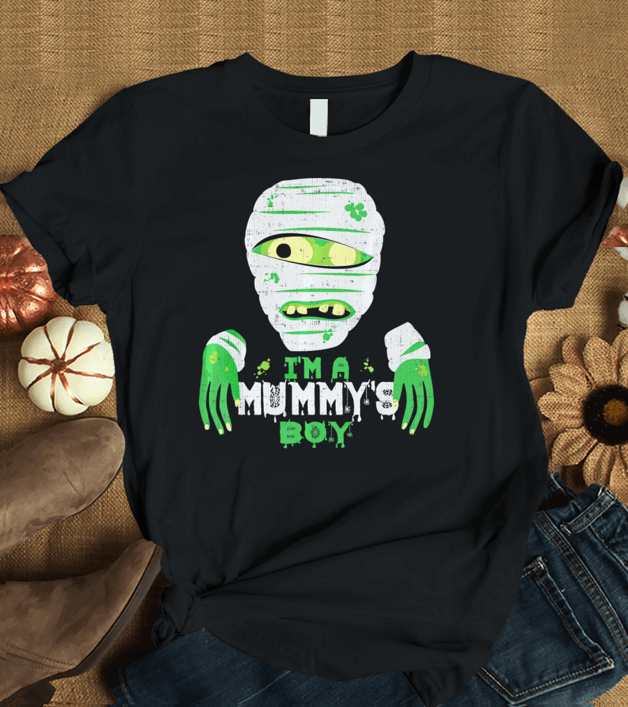 Creepy I'm A Mummy's Boy Green Cartoon Mummy Face and Hands T-Shirt