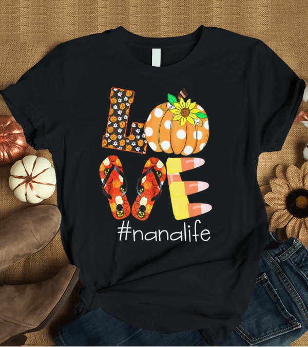 T-Shirt: Nanalife Funny Love Pumpkin Flip Flops Halloween Candy Corn and Sunflower T-Shirt Nanalife Funny Love Pumpkin Flip Flops Halloween Candy Corn and Sunflower T-Shirt