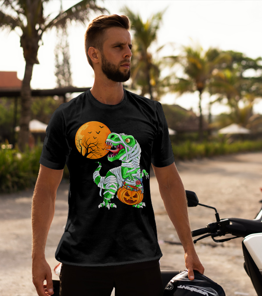 Halloween Mummy T Rex With Pumpkin Candy Under Full Moon T-Shirt