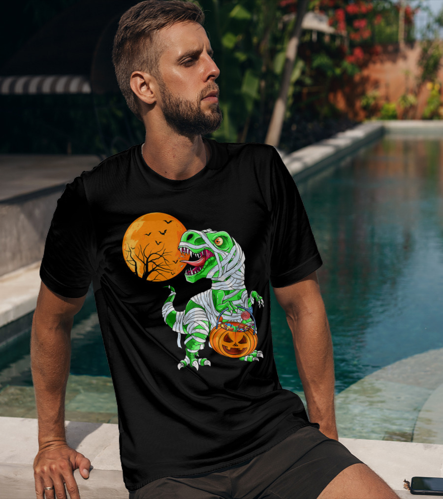 Halloween Mummy T Rex With Pumpkin Candy Under Full Moon T-Shirt