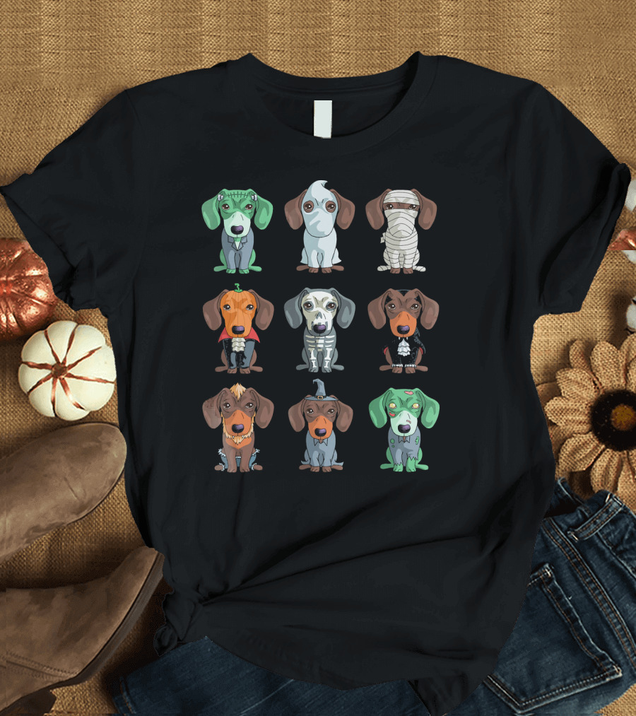 Dachshund Halloween Funny Weiner Frankenstein Ghost Mummy Pumpkin Skeleton Vampire Wizard Zombie Monster T-Shirt