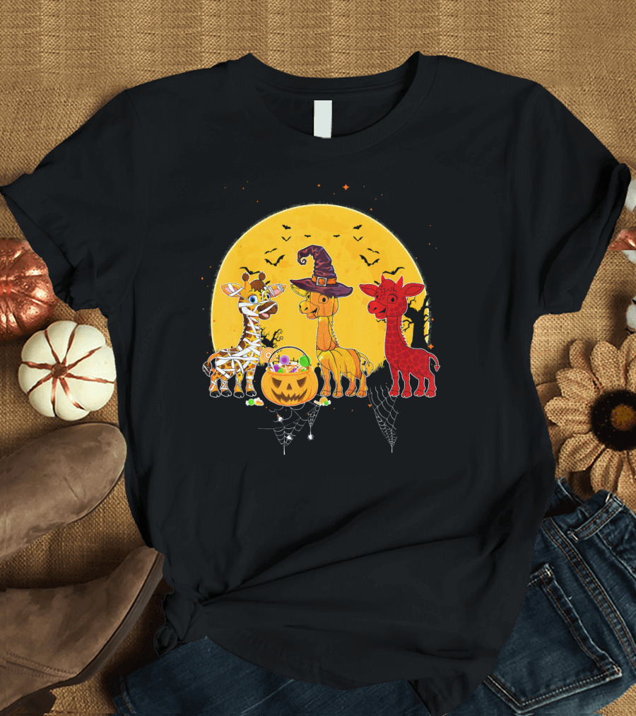 Three Giraffes Halloween Moon Mummy Witch Devil T-Shirt