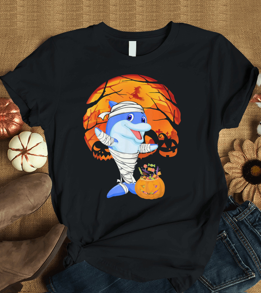 Halloween Dolphin Mummy with Candy Pumpkin and Witch Full Moon T-Shirt