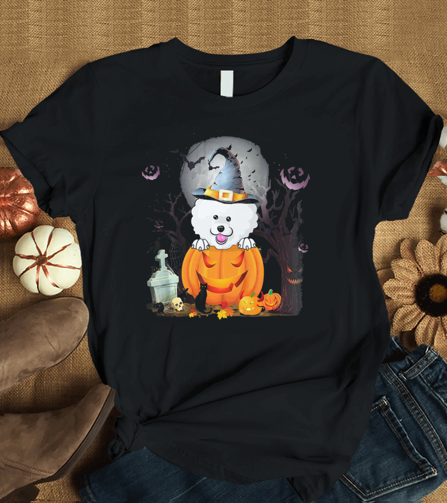 Bichon Frise Dog in Witch Hat with Halloween Pumpkin and Black Cat T-Shirt