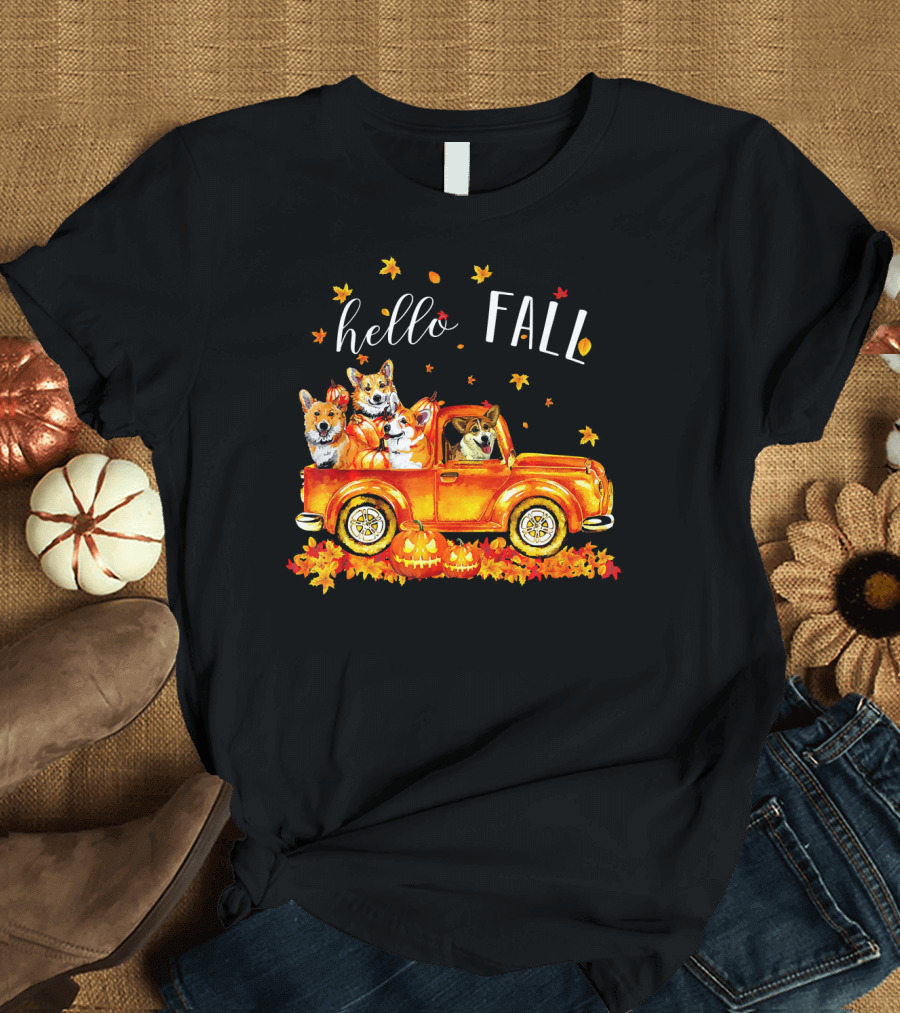 Hello Fall Corgis in Truck with Pumpkins and Leaves T-Shirt