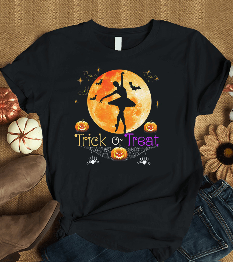 Trick Or Treat Ballerina Halloween Moon Pumpkins Bats Spiders T-Shirt