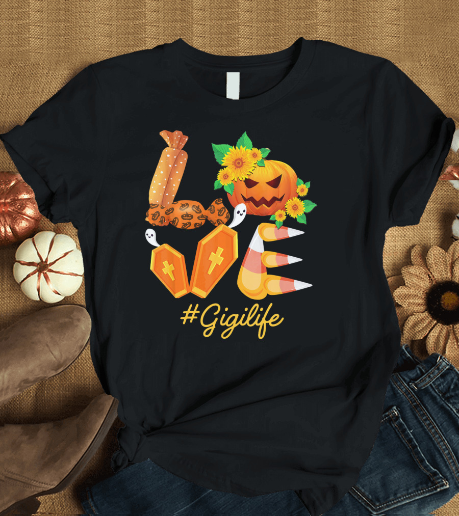 Love Gigi Life Halloween Pumpkin Sunflower Candy Corn Ghosts T-Shirt