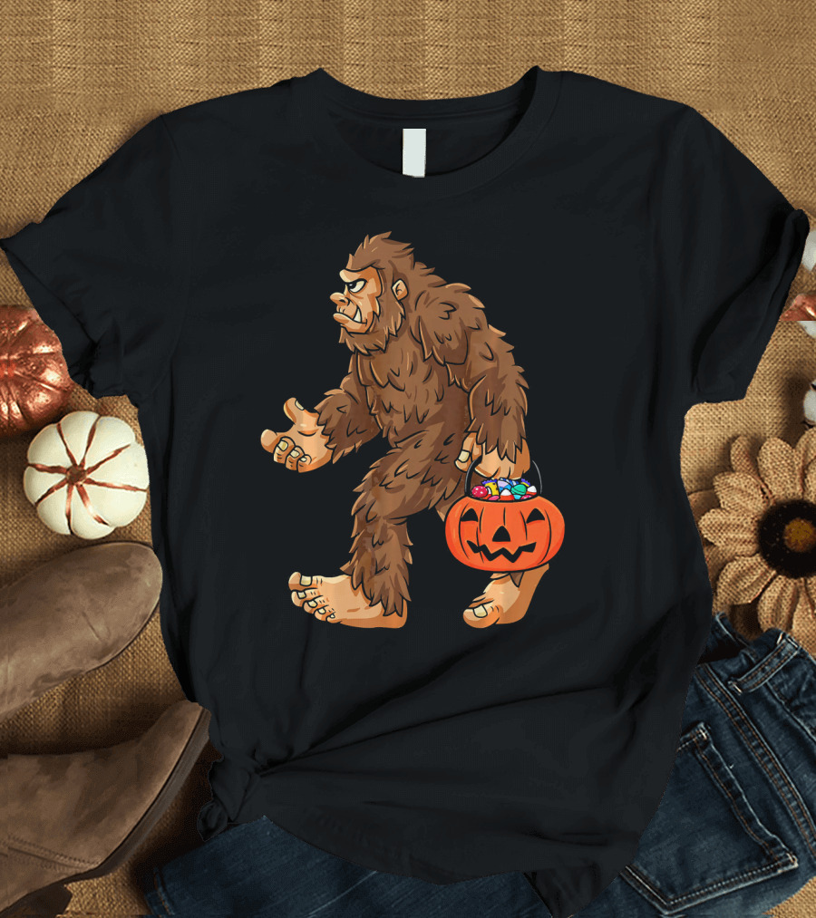 Bigfoot Carrying Jack O Lantern Halloween Candy T-Shirt