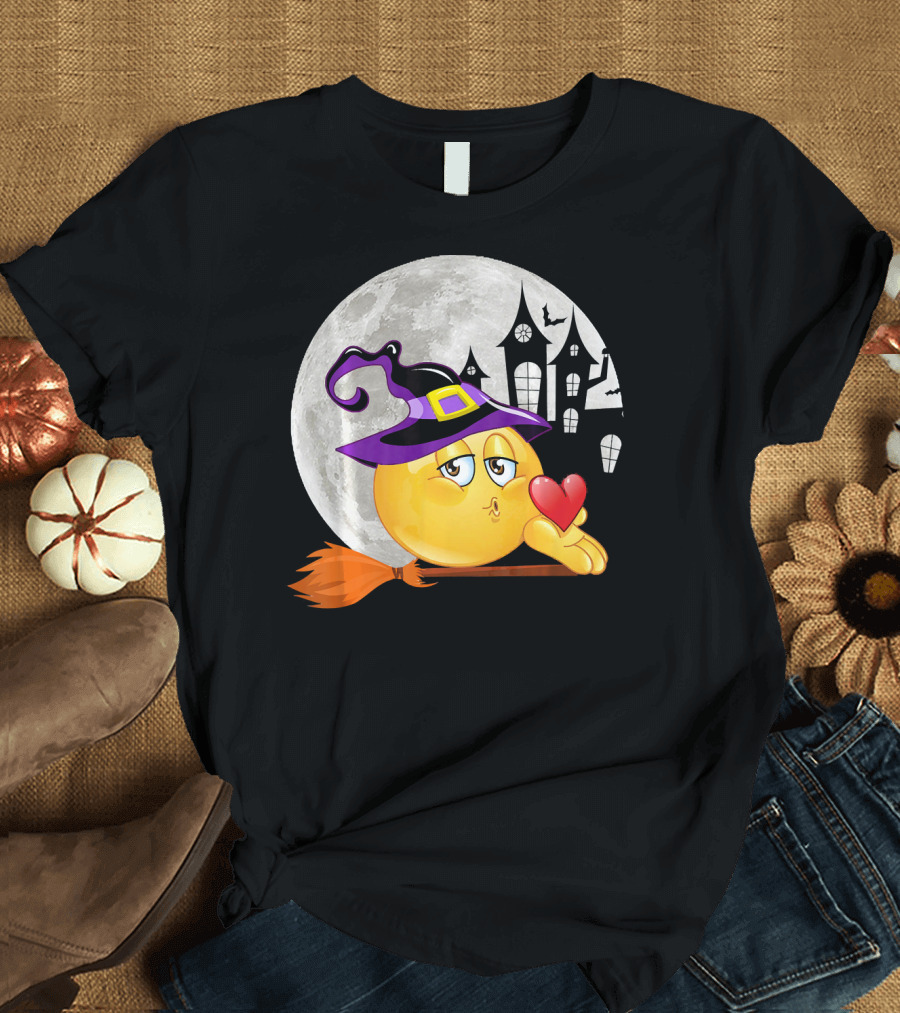 Kissing Face Emoji Witch Hat Broomstick with Heart in Front of Spooky House and Full Moon T-Shirt