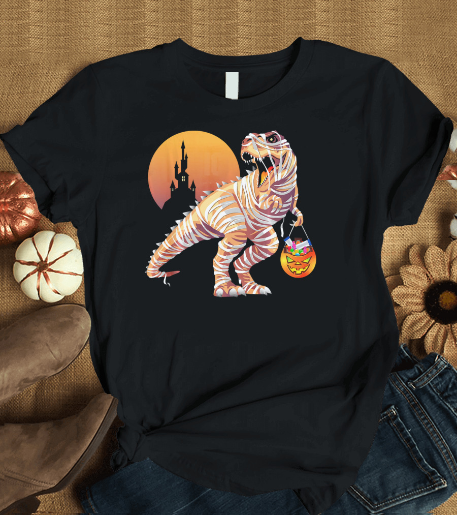 Mummy Rex Dinosaur Halloween Trick Or Treat Castle Shadows T-Shirt