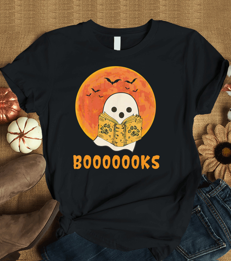 Booooooks Boo Ghost Reading Book Halloween Moon Bats T-Shirt