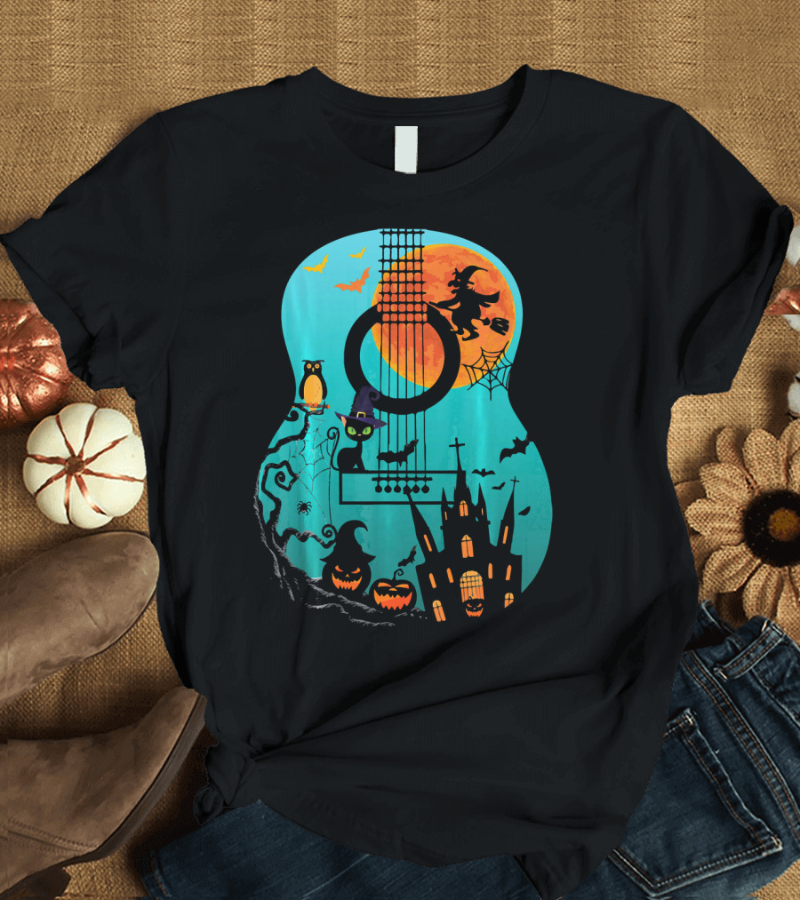 Guitar Lover Scary Halloween Pumpkin Music Witch Castle Cat Owl Bats Moon T-Shirt