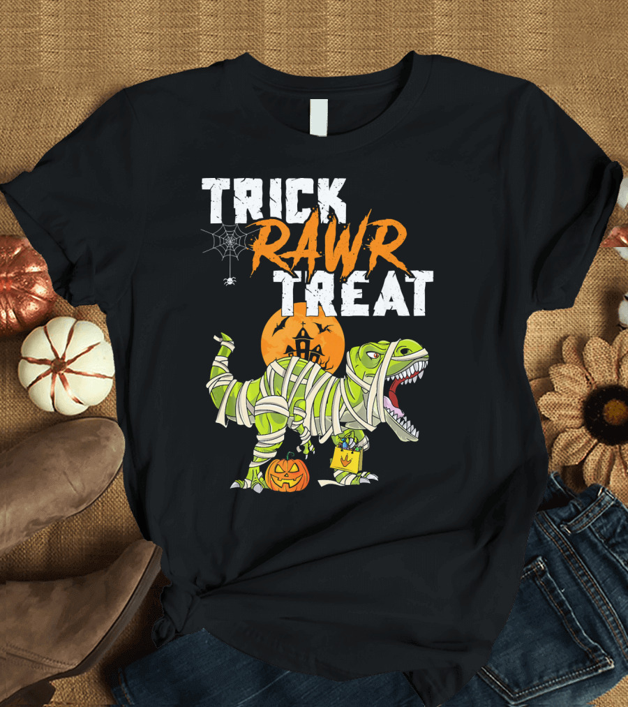 Trick Rawr Treat Dinosaur Mummy Halloween Rex Jack-O'-Lantern T-Shirt