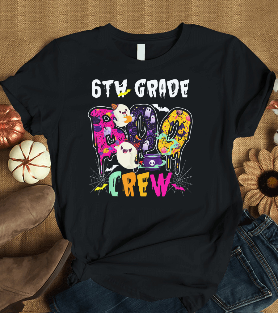 6th Grade Boo Crew Halloween Funny Costume Ghosts Bats Cauldron Spiders T-Shirt
