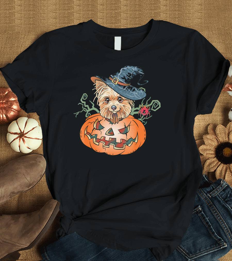 Yorkshire Terrier Witch Hat Pumpkin Halloween T-Shirt