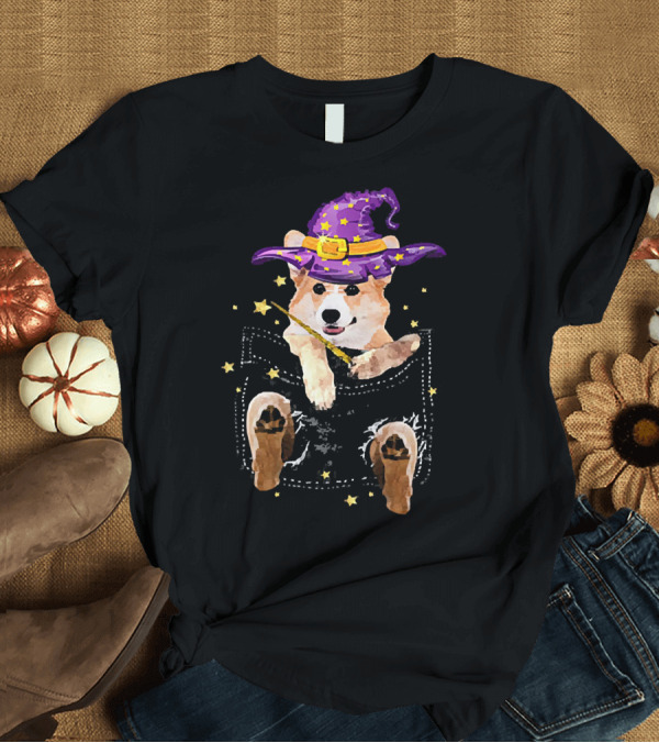 T-Shirt: Corgi Witch Hat Starry Pocket Magic Wand Corgi T-Shirt Corgi Witch Hat Starry Pocket Magic Wand Corgi T-Shirt