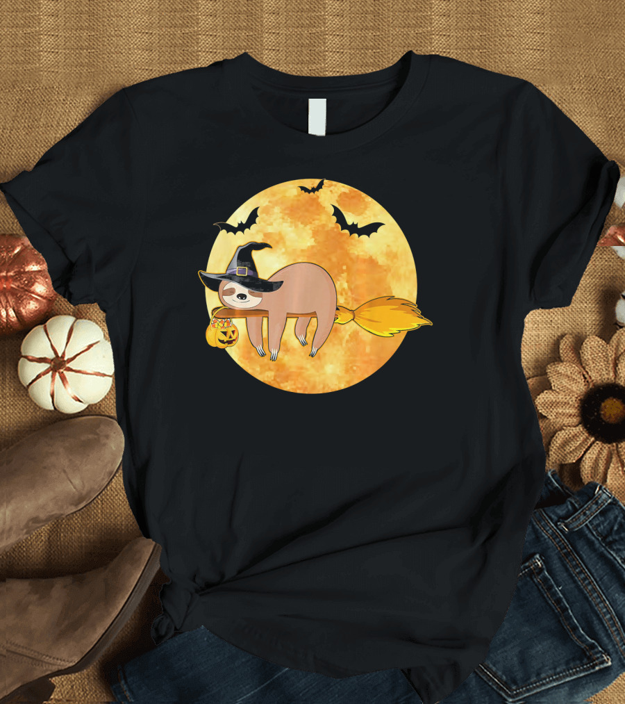 Lazy Sloth Riding Witches Broom With Pumpkin And Full Moon Background T-Shirt