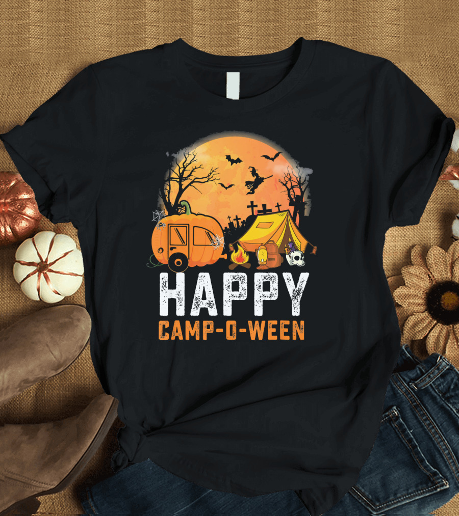 Funny Happy Camp O Ween Camping Halloween Scene with Pumpkin Caravan and Tent T-Shirt