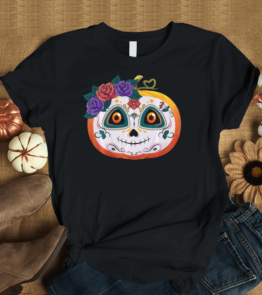 Pumpkin Floral Sugar Skull Jack O Lantern with Flowers T-Shirt