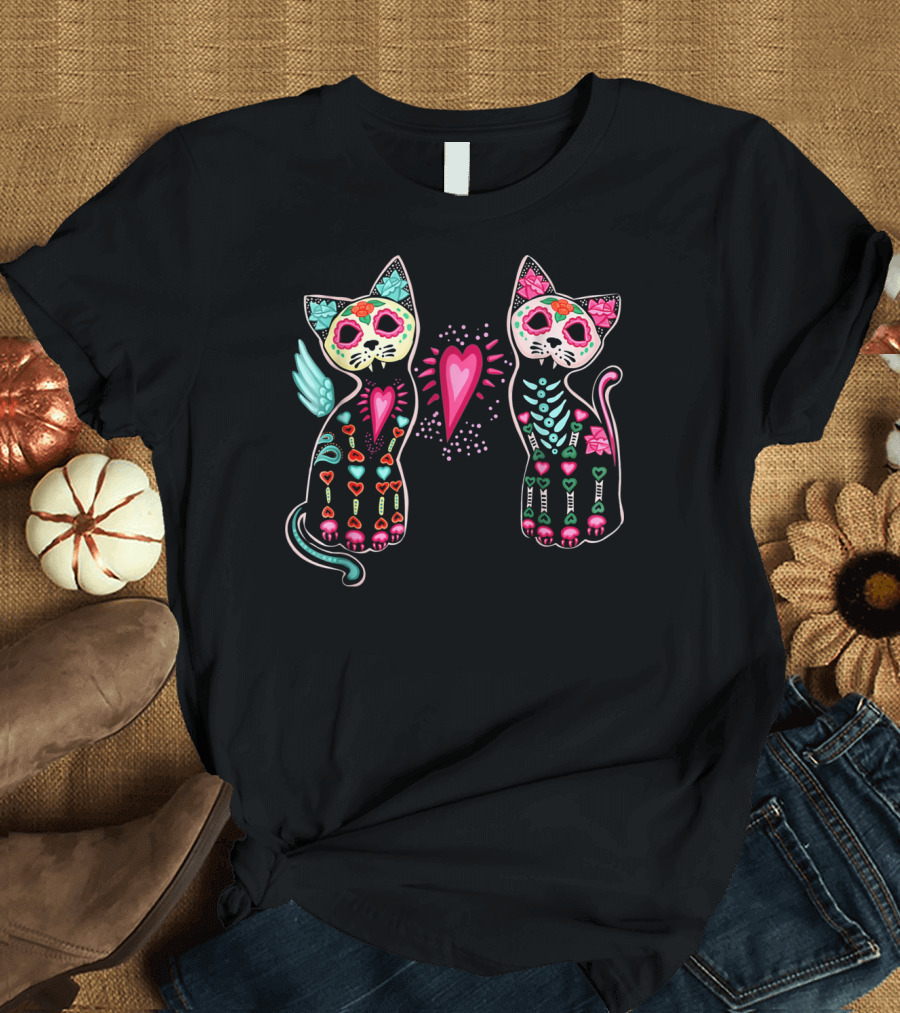 Day of Dead Sugar Cats Skeleton Skull Winged Heart T-Shirt