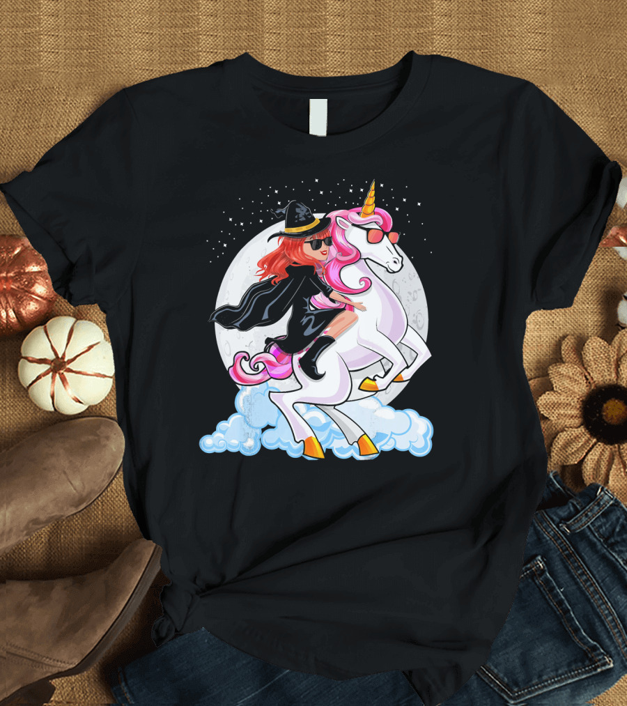Halloween Witch Riding a Unicorn in Front of Full Moon T-Shirt
