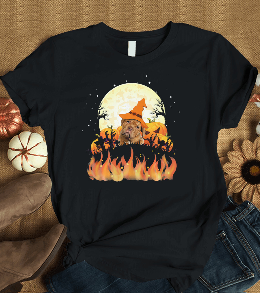 Dogue de Bordeaux Dog Lovers Halloween Full Moon Witch Hat Pumpkin Fire Scene T-Shirt