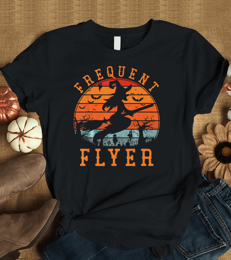 Frequent Flyer Witch Silhouette Halloween Bats and Graveyard Scene T-Shirt